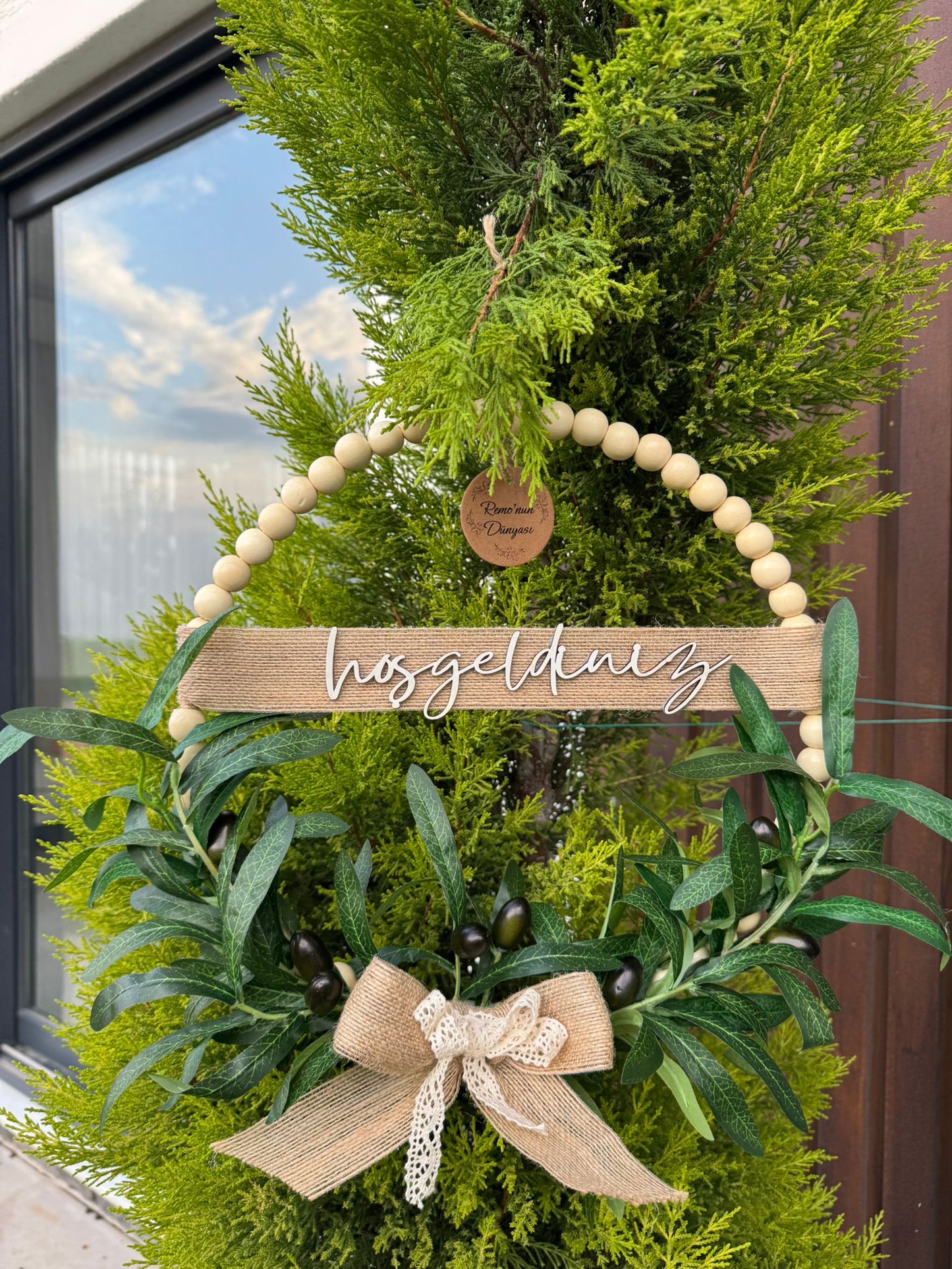 Ahşap Boncuklu Zeytin Dalı Kapı Süsü