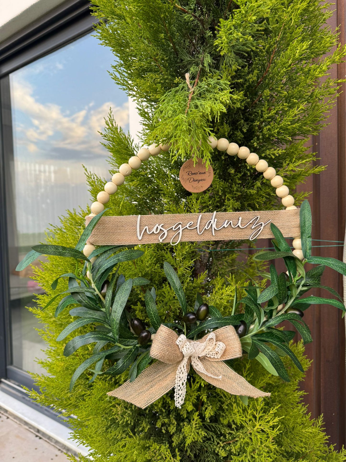 Ahşap Boncuklu Zeytin Dalı Kapı Süsü